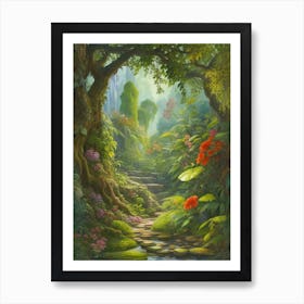 Painting Of A Waterfall In A Forest Art Print