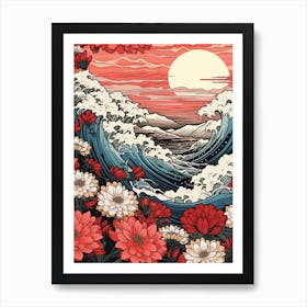 Great Wave With Cosmos Flower Drawing In The Style Of Ukiyo E 1 Art Print