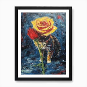 Still Life Of Rose With A Cat 4 Art Print