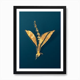 Vintage Peliosanthes Teta Botanical in Gold on Teal Blue n.0278 Art Print
