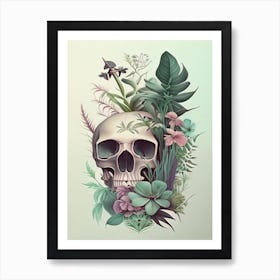 Skull With Tattoo Style Artwork Pastel Botanical Art Print