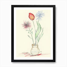 floral drawing pencil artwork flowers ivory paper simple living room bedroom kitchen dining hand drawn Art Print