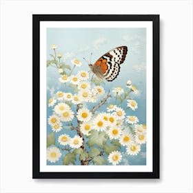 Butterflies In The Daisies Japanese Style Painting 1 Art Print