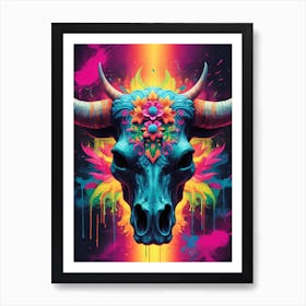 Floral Bull Skull Neon Iridescent Painting (2) Art Print