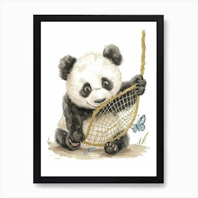 Giant Panda Cub Playing With A Butterfly Net Storybook Illustration 2 Art Print