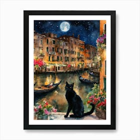 Black Cat in Venice -Iconic Canals of Venice At Night on a Full Moon Italian Cityscapes Italy Flowers Traditional Watercolor Art Print Kitty Travels Home and Room Wall Art Cool Decor Klimt and Matisse Inspired Modern Awesome Cool Unique Pagan Witchy Witches Familiar Gift For Cat Lady Animal Lovers World Travelling Genuine Works by British Watercolour Artist Lyra O'Brien  Art Print