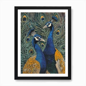 Blue Mustard Two Peacocks Portrait Poster