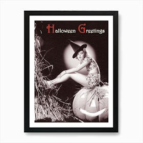 Pin Up Girl Posing On A Big Pumpkin With Big Black Witch Hat Art Print