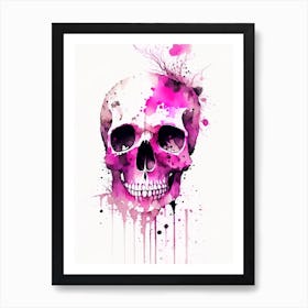 Skull With Watercolor Or Splatter Effects 3 Pink Line Drawing Art Print