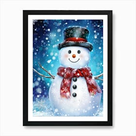 Festive Snowman Peeking Through A Veil Of Shimmering Snowflakes Expression Exuding Merriment Backd Art Print