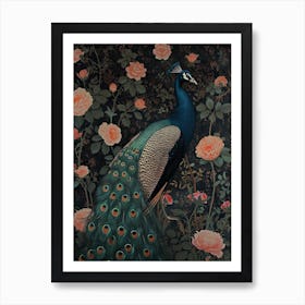 Black & Pink Floral Peacock Art Print