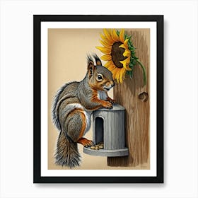 Squirrel With Sunflower Art Print