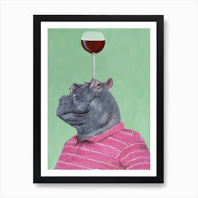 Hippo With Wineglass Green & Pink Art Print
