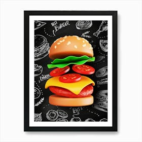 Burger, plastic 3D — Food kitchen poster/blackboard, photo art Art Print