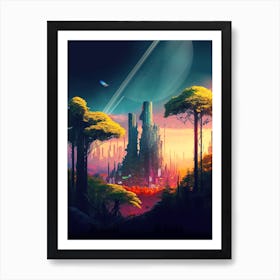 Neon cyberpunk city in a forest in orbit around Saturn — surreal space collage art, cosmic futuristic sci-fi collage Art Print