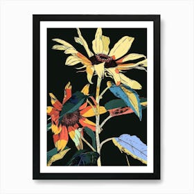 Neon Flowers On Black Sunflower 3 Art Print