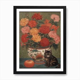 Chrysanthemums With A Cat 1 William Morris Style Art Print