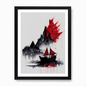 Chinese Ink Painting Landscape Sunset (13) Art Print