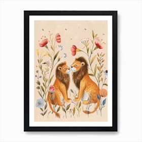 Folksy Floral Animal Drawing Lion 3 Art Print