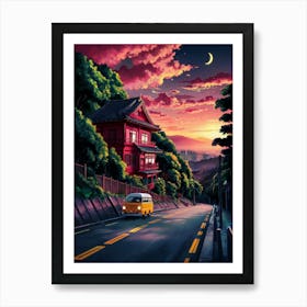 Anime Canvas Art: Sunset Hillside with Red Japanese House, Yellow Van, and Vibrant Sky, Perfect for Lofi Aesthetic and Peaceful Ambiance Enthusiasts. Art Print