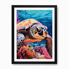 Vivid Turtle In Ocean With Coral & Plants 3 Art Print