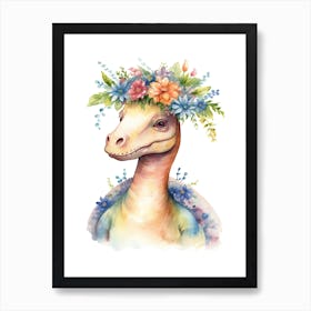 Diplodocus With A Crown Of Flowers Cute Dinosaur Watercolour 3 Art Print
