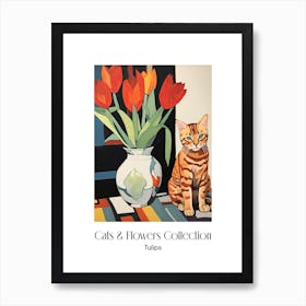 Cats & Flowers Collection Tulip Flower Vase And A Cat, A Painting In The Style Of Matisse 1 Art Print