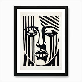 Linocut Inspired Face Black & White 1 Art Print