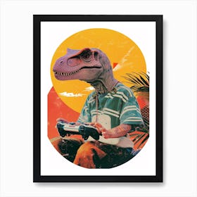 Retro Collage Dinosaur Playing Video Games 1 Art Print