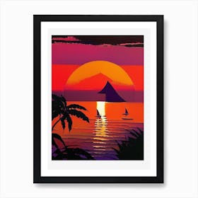 Beach And Boat Orange Sunset Art Print