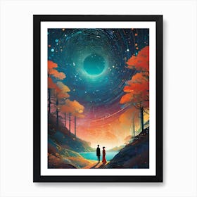 Romantic Couple Under The Stargate ~ Futuristic Sci-Fi Trippy Surrealism Modern Digital Mandala Awakening Fractals Spiritual Artwork Psychedelic Colorful Cubic Abstract Portal Entrance To Another Universe Art Print