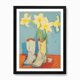 A Painting Of Cowboy Boots With Daffodil Flowers, Pop Art Style 7 Art Print