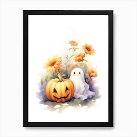 Cute Ghost With Pumpkins Halloween Watercolour 136 Art Print
