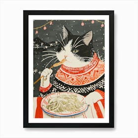 Black And White Cat Eating Pizza Folk Illustration 5 Art Print