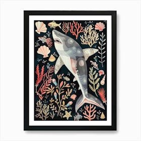 Shark Seascape Black Background Illustration 4 Art Print