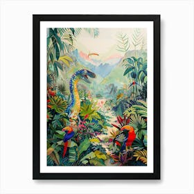 Dinosaur With Wild Birds Colourful Art Print