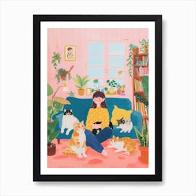 Girl Cat Lover Lo Fi Kawaii Illustration 4 Art Print