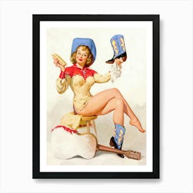 Cowgirl Polishing Boots, Vintage, Retro Western Aesthetic Art Print