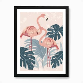 American Flamingo And Monstera Deliciosa Boho Print 1 Art Print