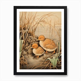 Ducklings With Pond Weed Japanese Woodblock Style 4 Art Print