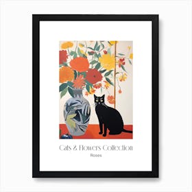 Cats & Flowers Collection Rose Flower Vase And A Cat, A Painting In The Style Of Matisse 6 Art Print