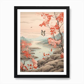 Japanese Blossom & A Butterfly By The River Art Print