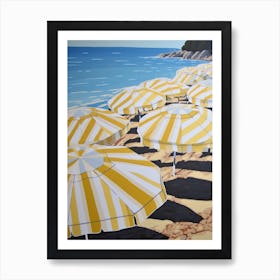 Striped Yellow And White Beach Umbrellas In Italy Art Print