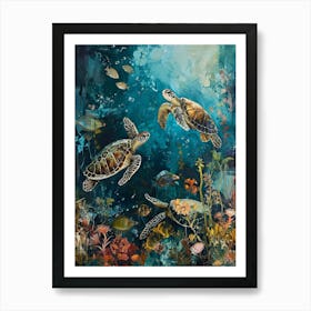 Sea Turtles With A Coral Reef Expressionism Style Painting 8 Art Print