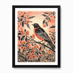 Birds And Branches Linocut Style 5 Art Print