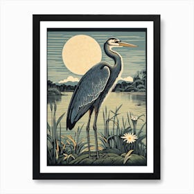 Vintage Bird Linocut Great Blue Heron 1 Art Print