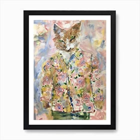 Animal Party: Crumpled Cute Critters with Cocktails and Cigars Cat In Floral Jacket Art Print