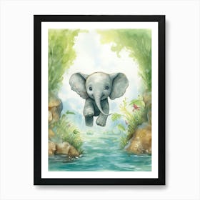 Elephant Painting Scuba Diving Watercolour 1 Art Print