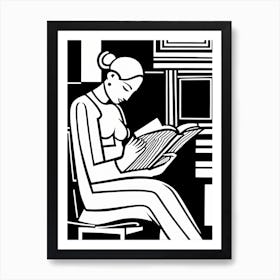 Reading A Book Linocut Black And White Painting, 323 Art Print