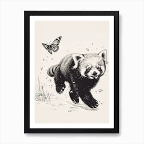 Red Panda Cub Chasing After A Butterfly Ink Illustration 2 Art Print
